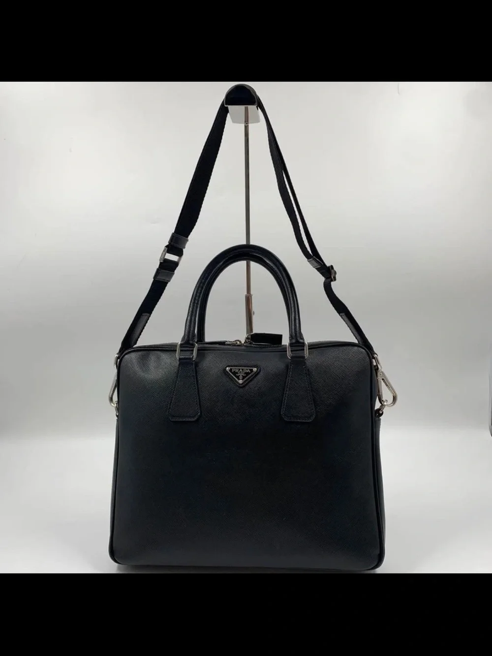 Prada Black Saffiano Leather Briefcase with Detachable Strap
